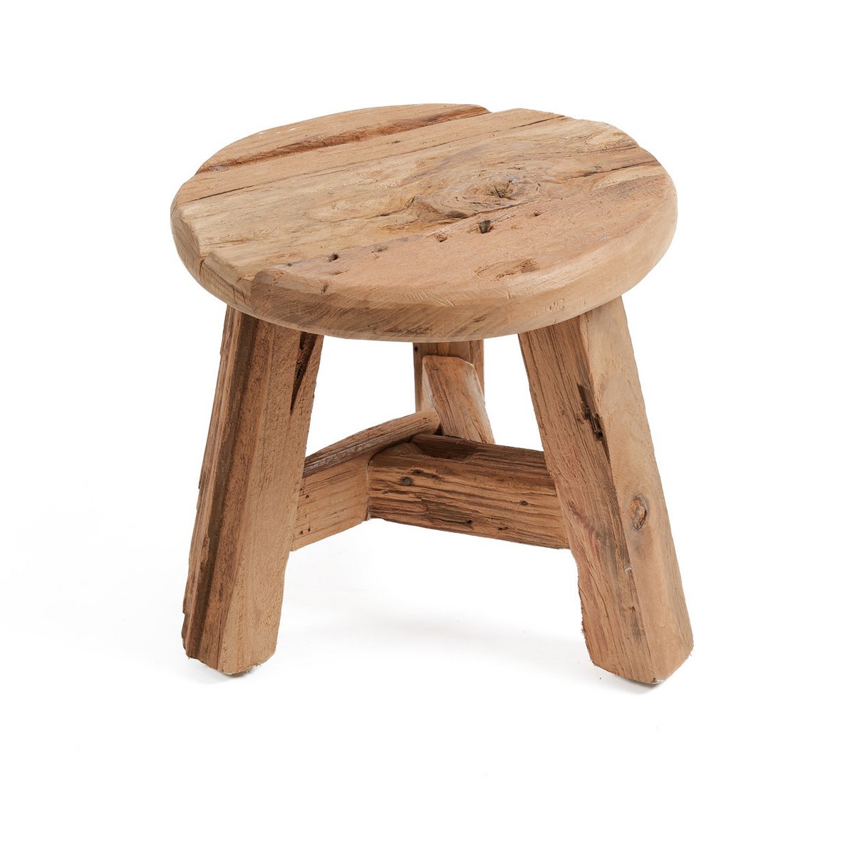 Ronde houten kruk van gerecycled teakhout met robuuste afwerking