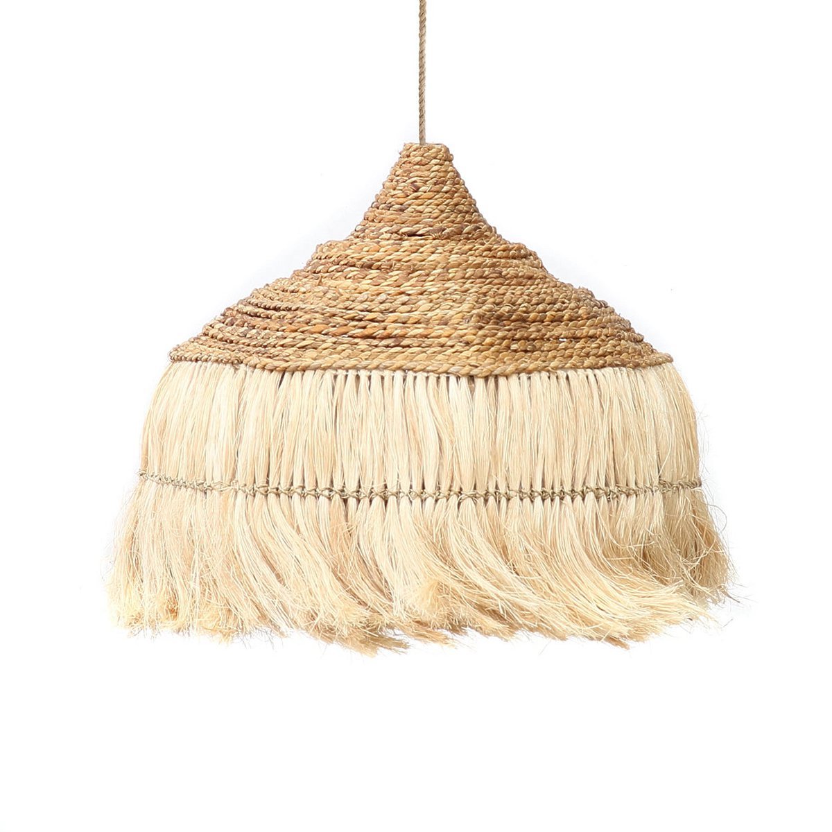 Boho hanglamp Abaca Bali naturel, handgemaakt van abaca grass met speelse franjes.