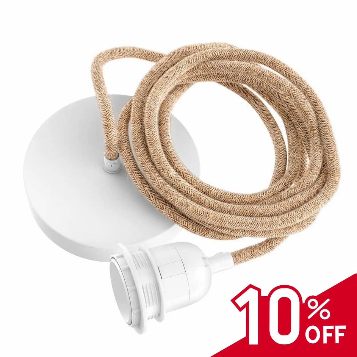 Lampenfitting voor hanglamp met wit plafondkapje en jute snoer, eenvoudig te monteren.