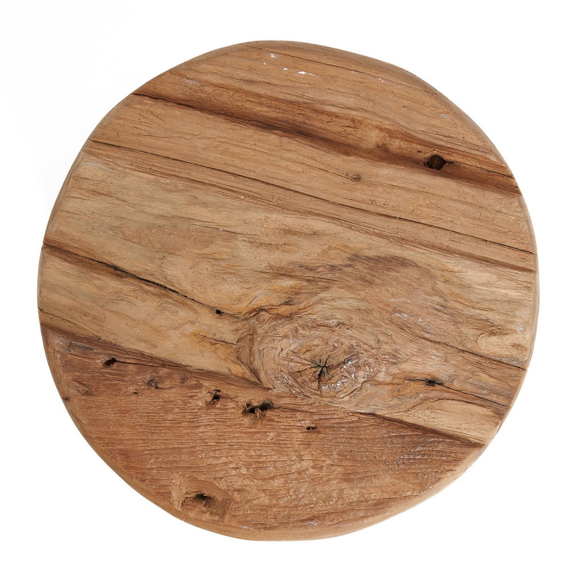 Bovenaanzicht van het ronde zitvlak van een houten kruk