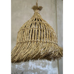 Close-up van boho hanglamp Maraluna, handgemaakt van natuurlijk mendonggras en waterhyacint