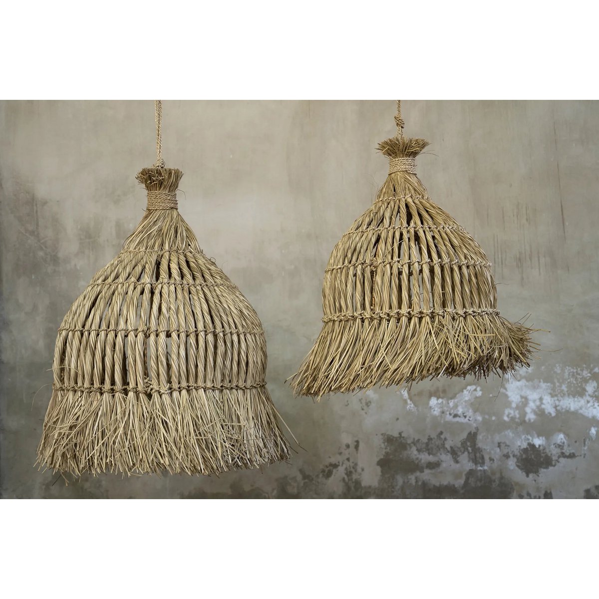 Boho hanglamp Maraluna in maat M en L, handgemaakt van natuurlijk mendonggras en waterhyacint