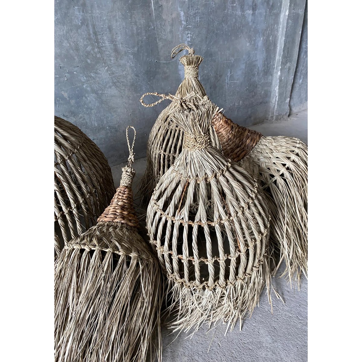 Verschillende boho hanglampen Maraluna, handgemaakt van natuurlijk gras en waterhyacint