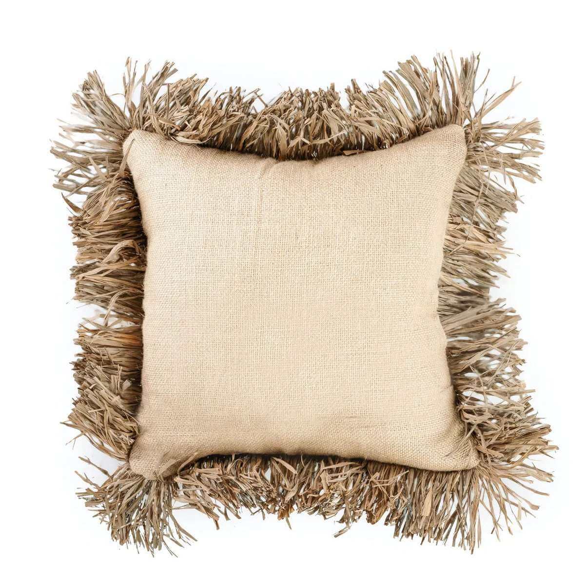 Boho kussenhoes van jute met raffia franjes, vooraanzicht 40x40 cm