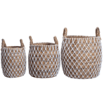 Set van drie Bumi Manden in small, medium en large, handgemaakt van bananenvezel met wit patroon, op witte achtergrond.