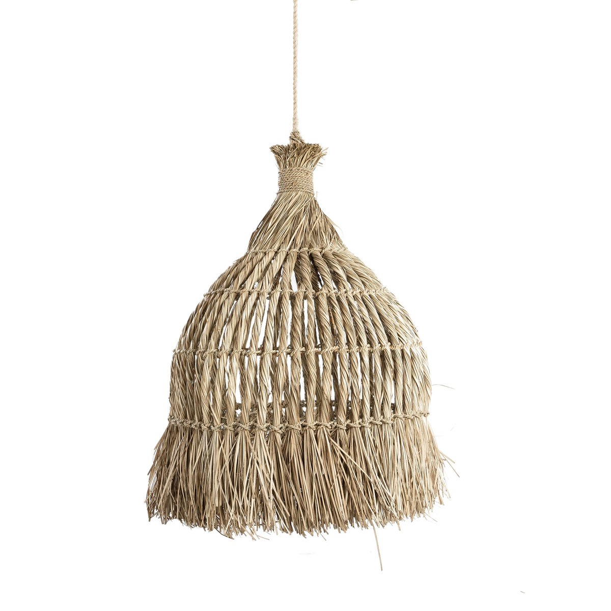 Maraluna lamp, handgemaakte hanglamp van mendonggras en waterhyacint met boho uitstraling.
