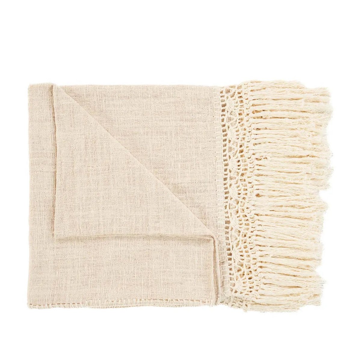 Handgemaakte Safiya Sprei in beige met gehaakte franjes – Luxe boho bedsprei.